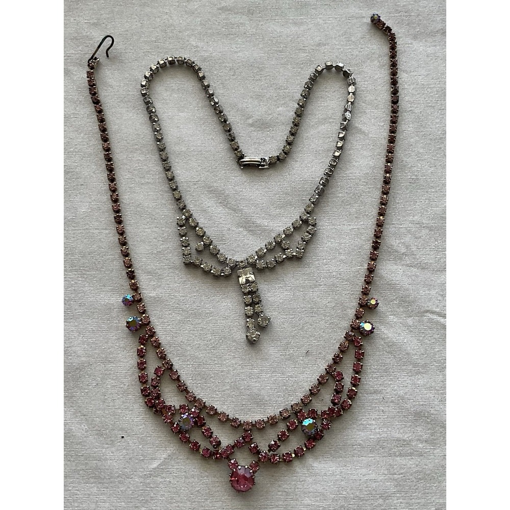 Lot Of 2 Vintage Rhinestone Necklace Pink & Clear Estate Jewelry